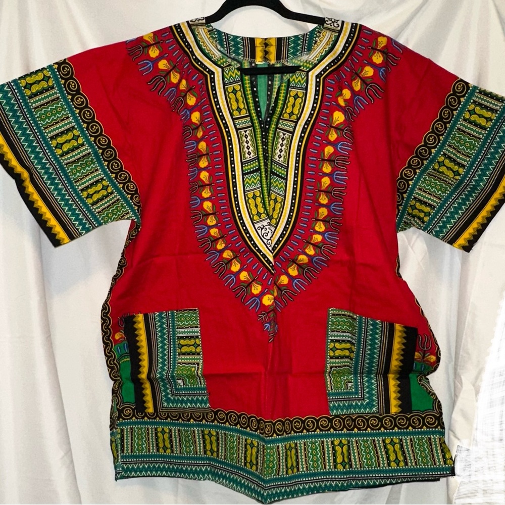 Vibrant Red, Green African print dashiki shirt